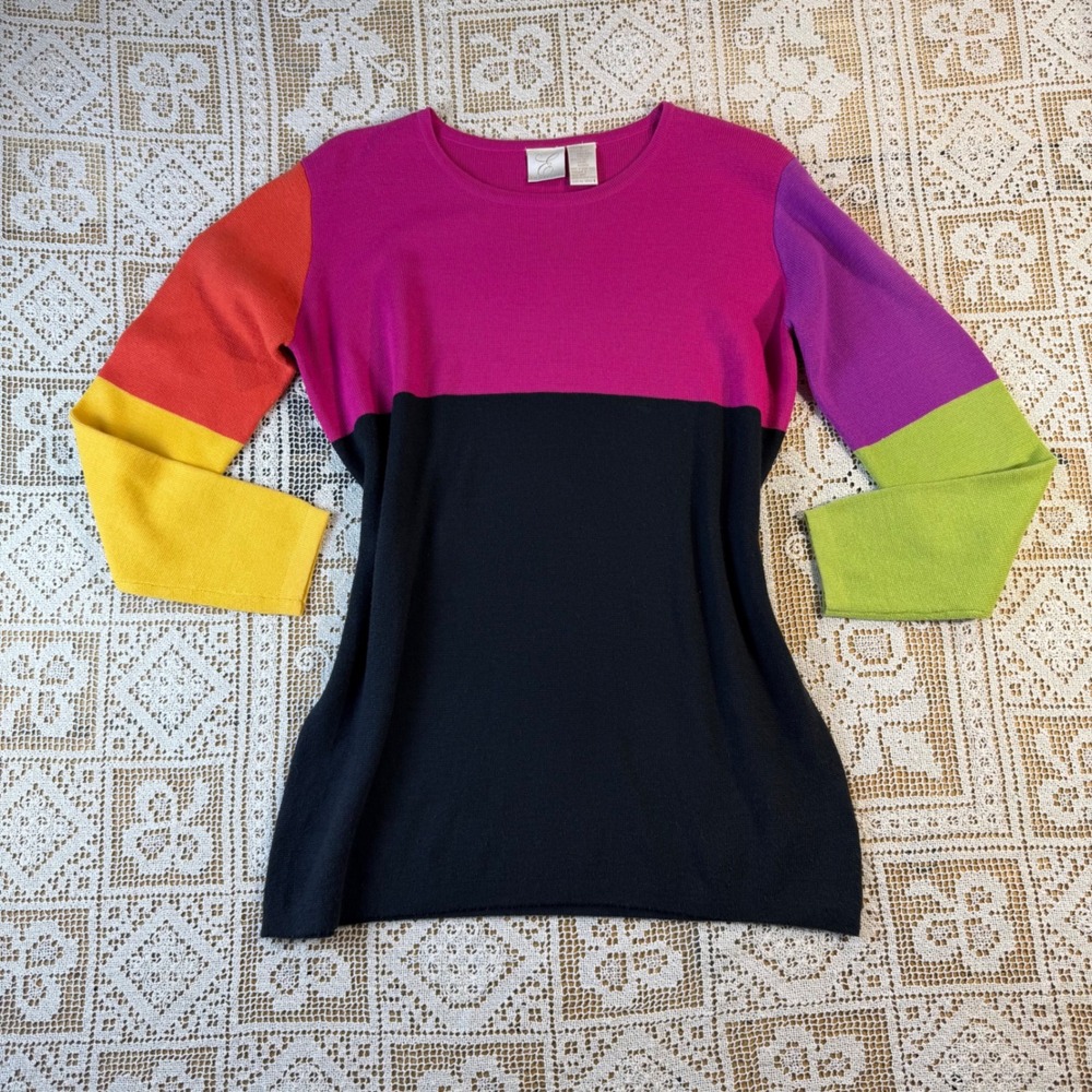 Emma James Womens Colorblock Knit Sweater Multi-Color Crew Neck Long Sleeve S
